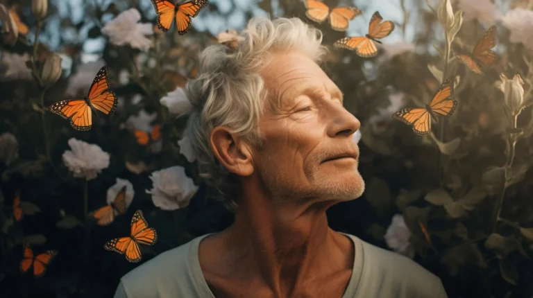 portrait person surrounded by butterflies